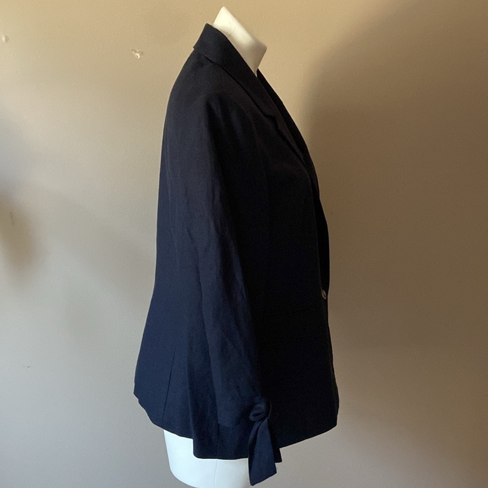 Nine West Navy Blue Preppy Linen Blend Blazer Jacket With Tie Sleeves Size 14 - Picture 2 of 7